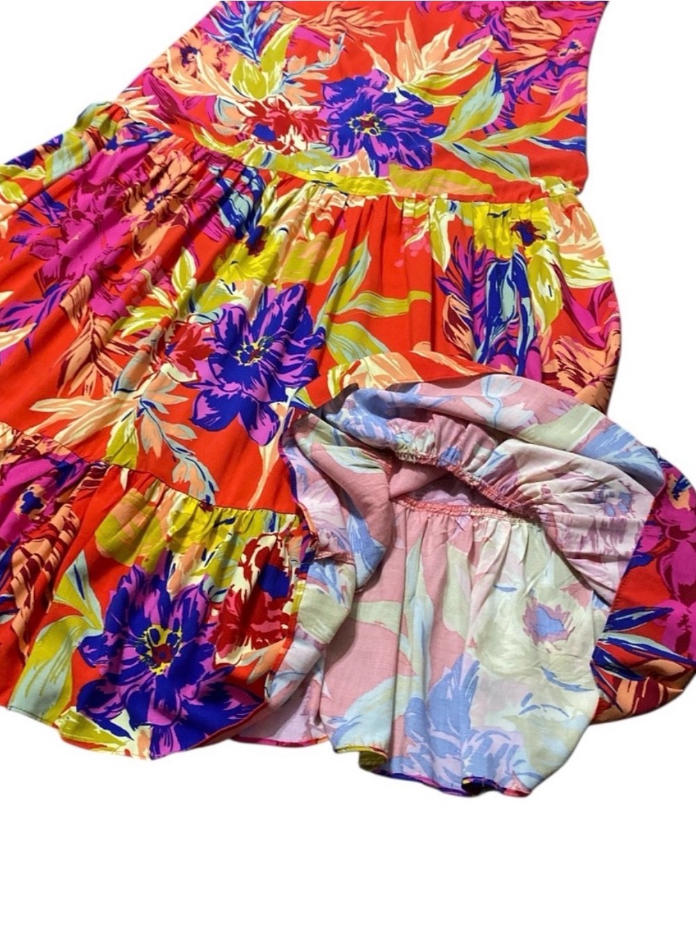 MSK Floral Printed Tiered Halter Neck Maxi Dress Orange Pink Sleeveless Sz Large - Picture 13 of 15